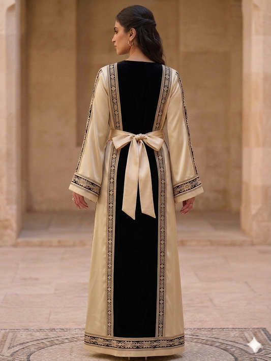 Satin with Black Fabric Embroidered Dress