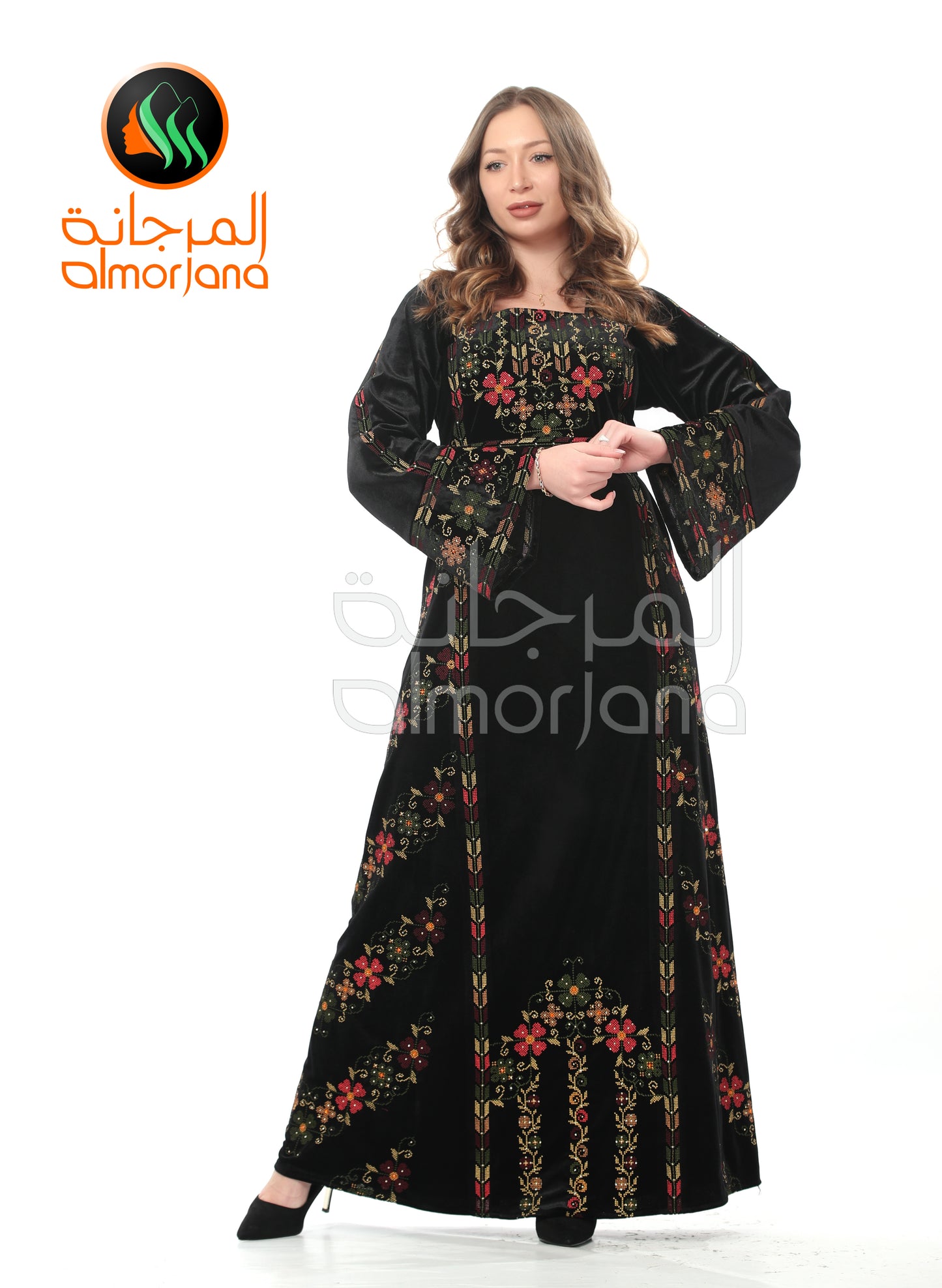 Black VelvetFlowers Palestinian Embroidered Dress Thobe