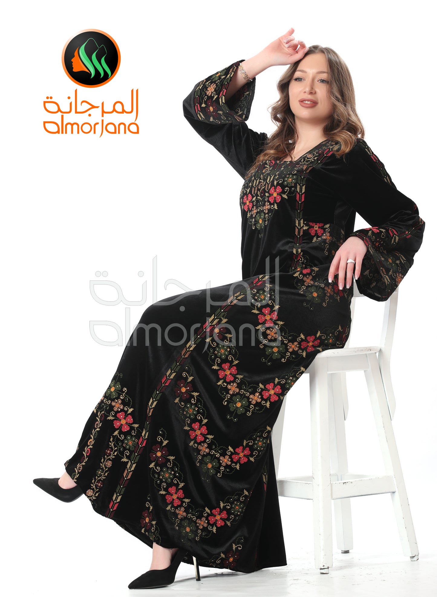 Black VelvetFlowers Palestinian Embroidered Dress Thobe