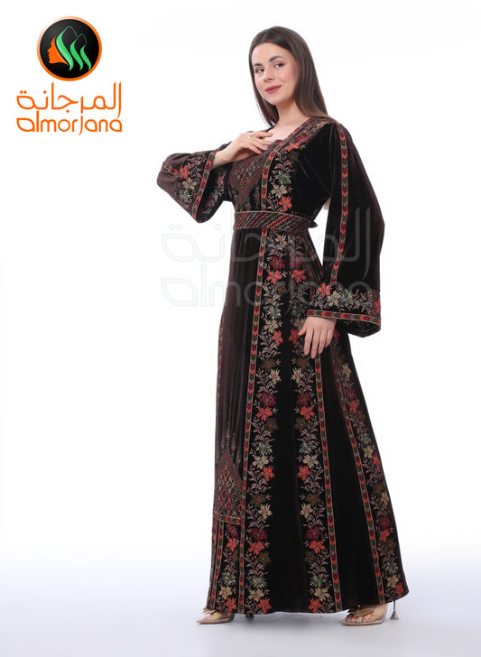 Brown Velvet Almorjana Embroidered Dress , Traditional Dress , Thobe Falah