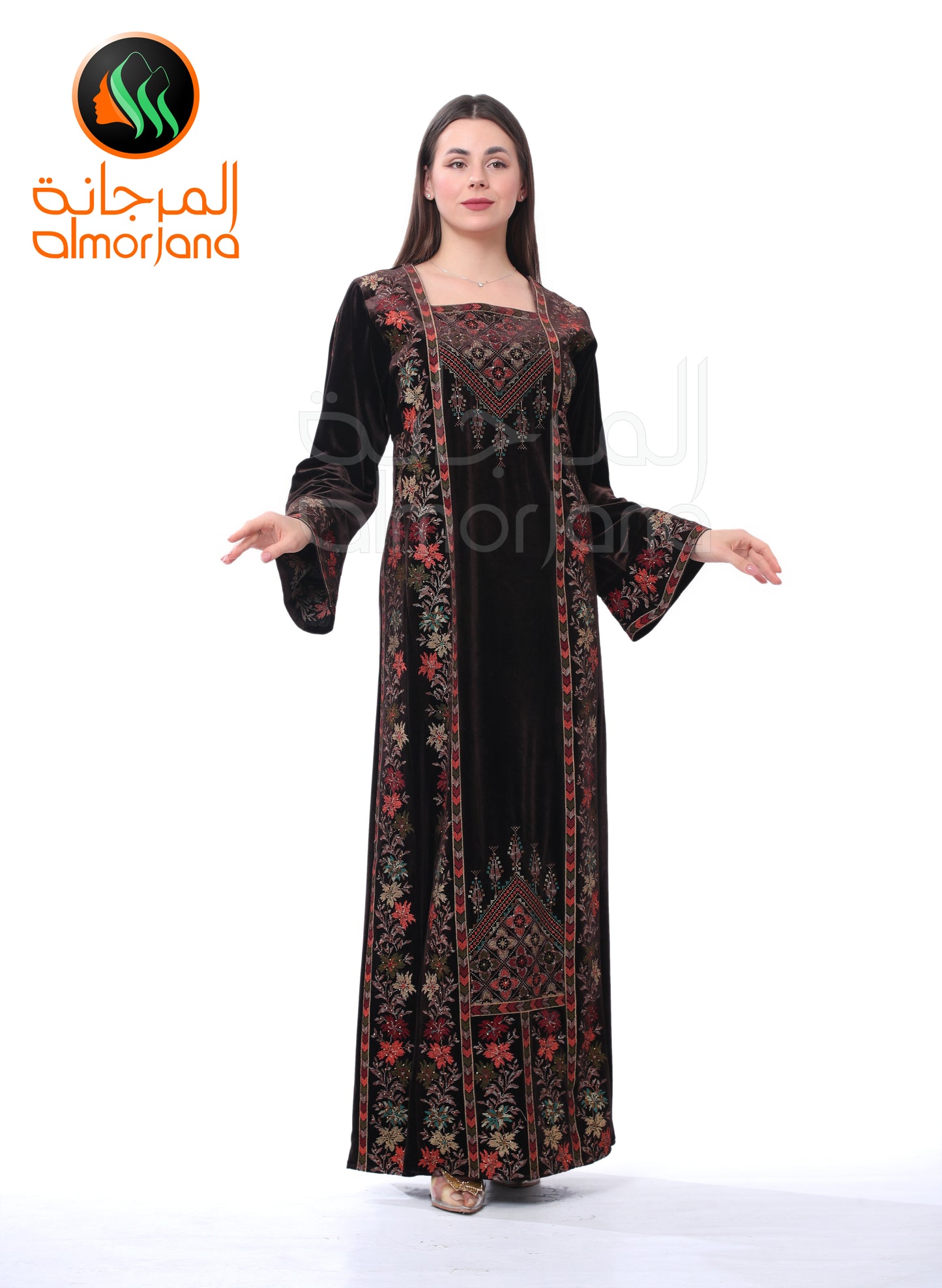 Brown Velvet Almorjana Embroidered Dress , Traditional Dress , Thobe Falah