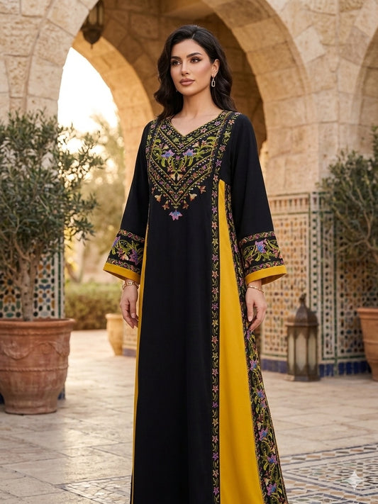 color mix Palestinian Embroidered Dress , Traditional Dress , Thobe Falahi Tatreez
