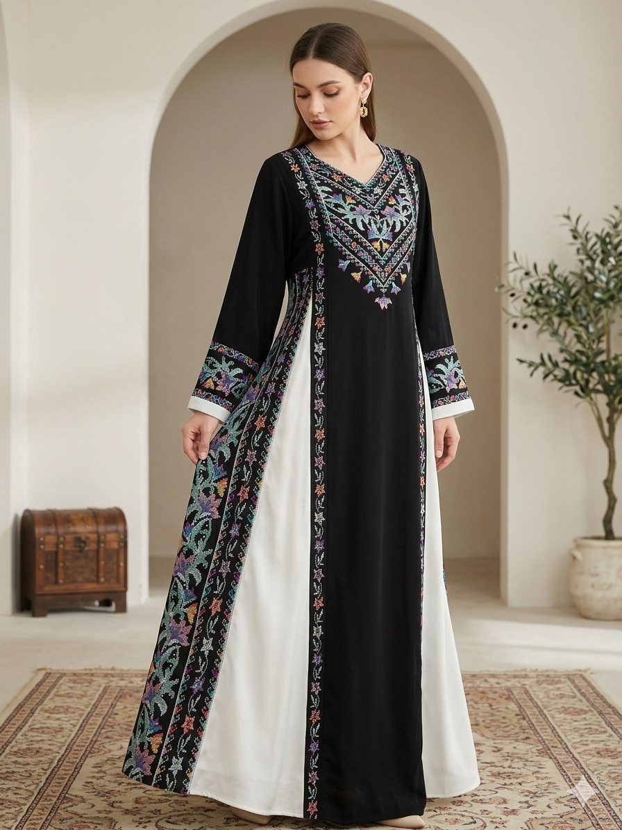 color mix Palestinian Embroidered Dress , Traditional Dress , Thobe Falahi Tatreez
