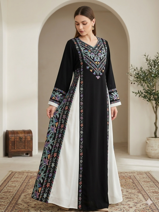 color mix Palestinian Embroidered Dress , Traditional Dress , Thobe Falahi Tatreez