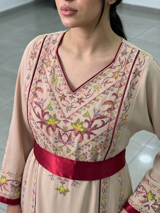 Beige 10 Branches  Thobe Embroidered Dress , Traditional Dress , Thobe Falah