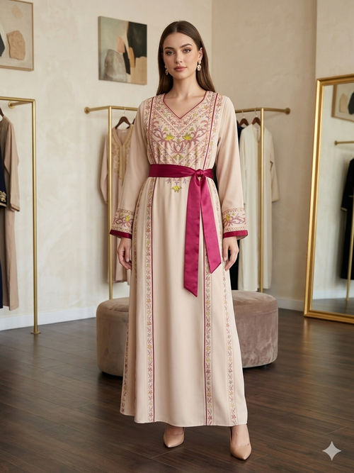 Beige 10 Branches  Thobe Embroidered Dress , Traditional Dress , Thobe Falah