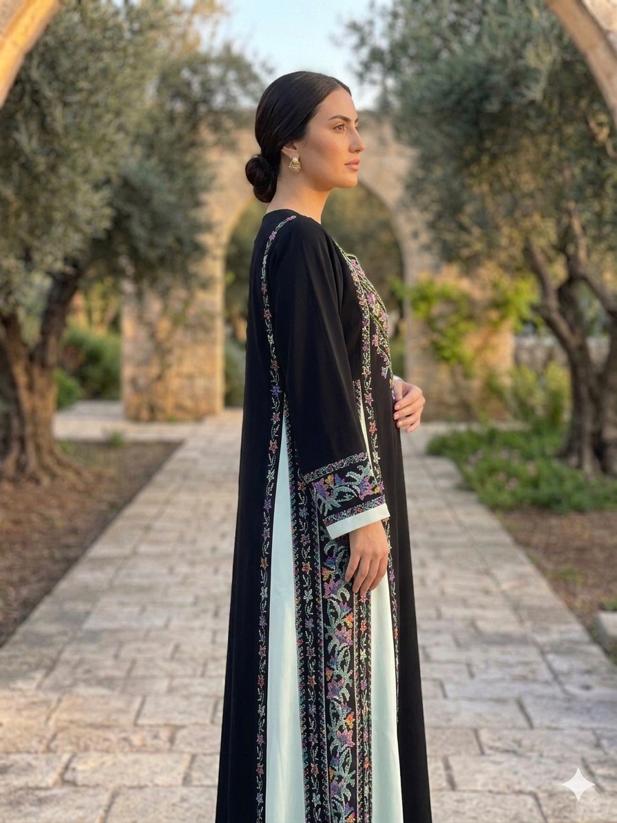 Colored Mix Palestinian Embroidered Dress , Traditional Dress , Thobe Falahi Tatreez