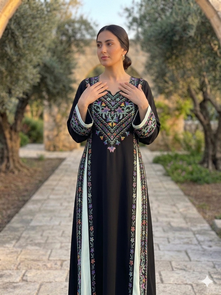 Colored Mix Palestinian Embroidered Dress , Traditional Dress , Thobe Falahi Tatreez