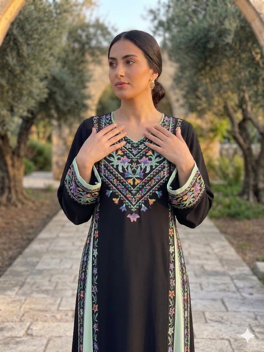 Colored Mix Palestinian Embroidered Dress , Traditional Dress , Thobe Falahi Tatreez