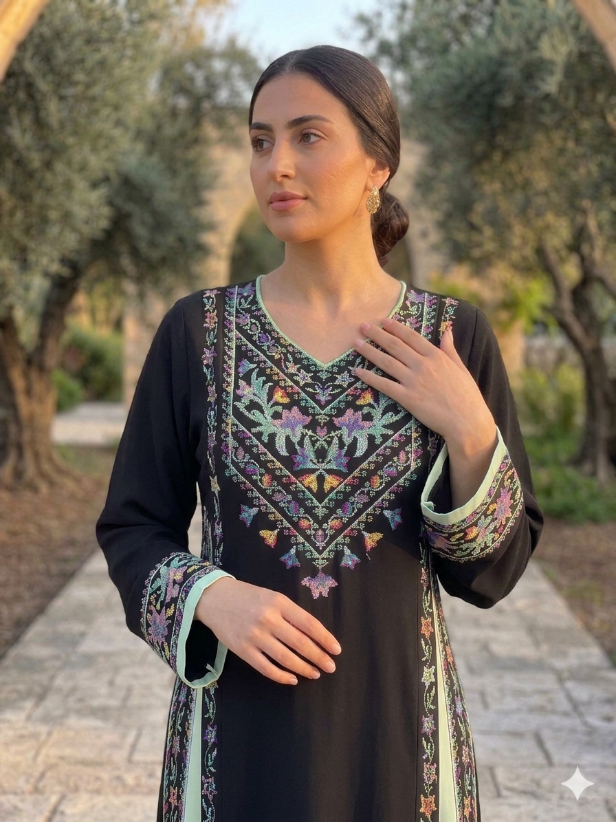 Colored Mix Palestinian Embroidered Dress , Traditional Dress , Thobe Falahi Tatreez