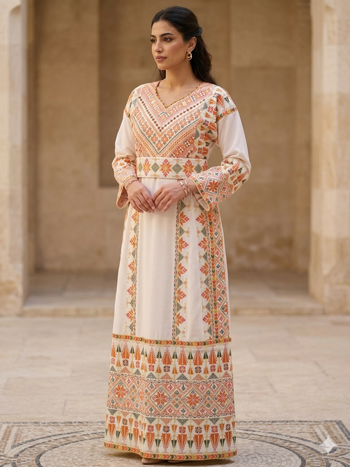 Beige Palestinian Embroidered Dress , Traditional Dress , Full Falahi Tatreez