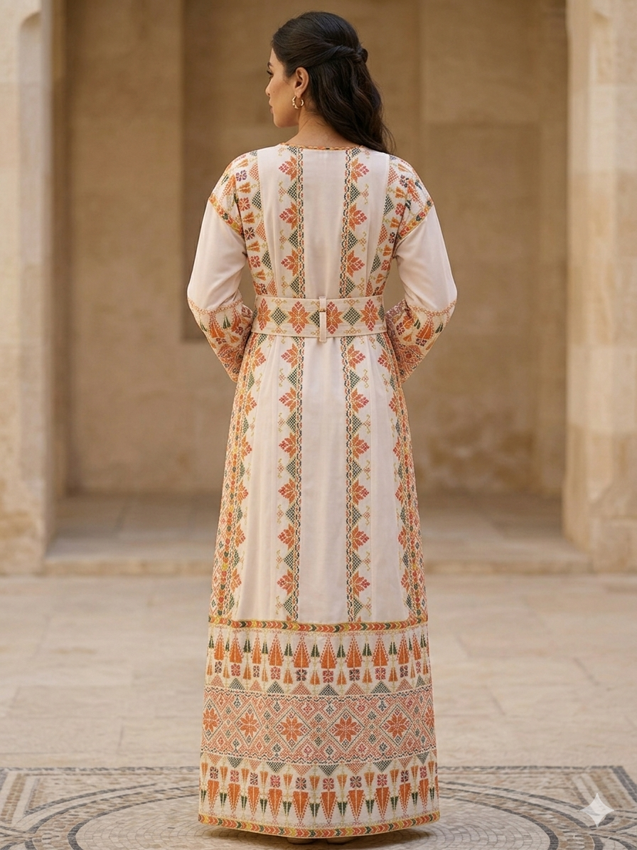 Beige Palestinian Embroidered Dress , Traditional Dress , Full Falahi –  Almorjana