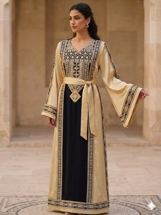 Satin with Black Fabric Embroidered Dress