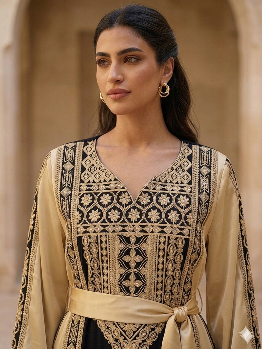 Satin with Black Fabric Embroidered Dress