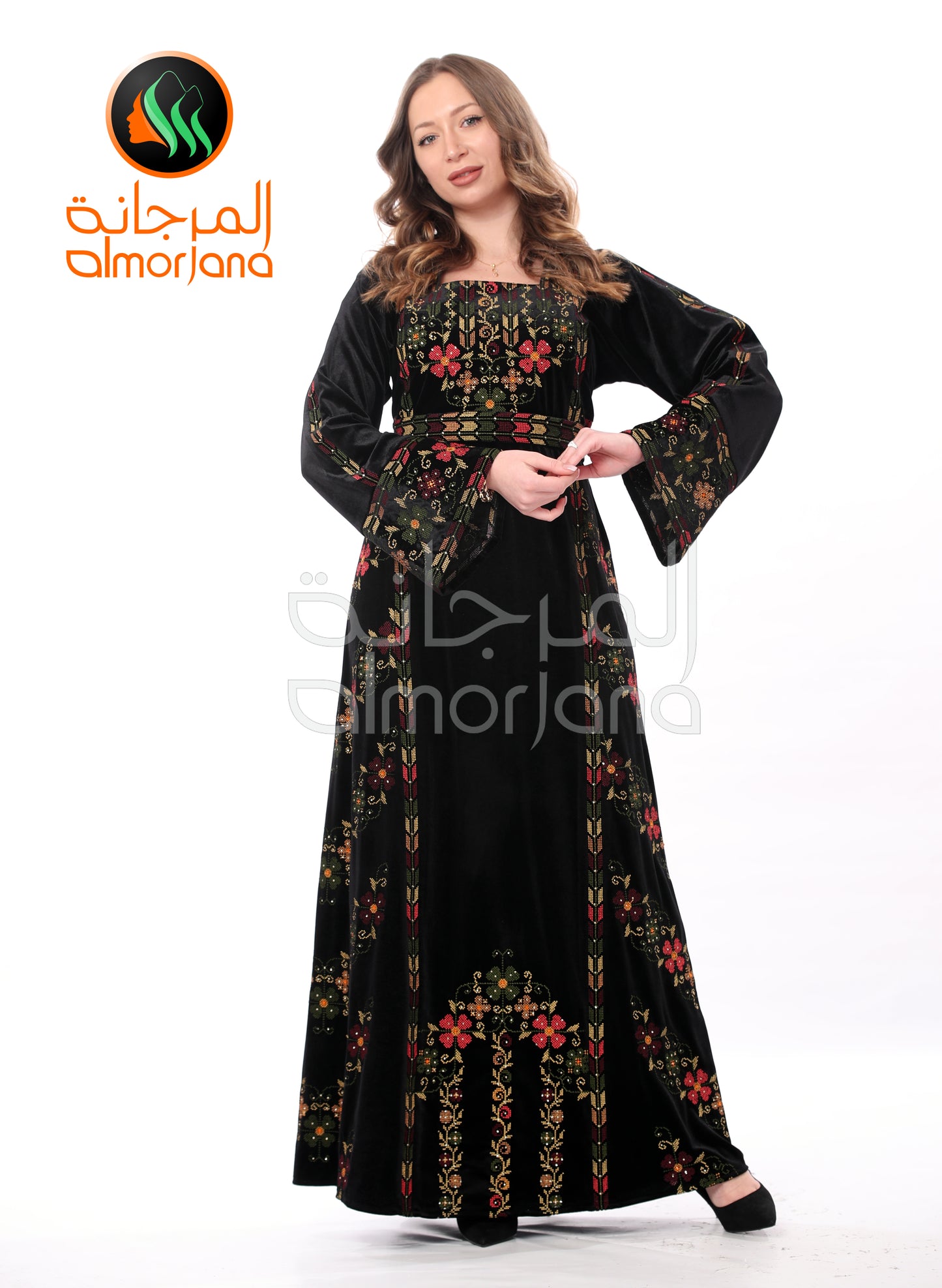 Black VelvetFlowers Palestinian Embroidered Dress Thobe