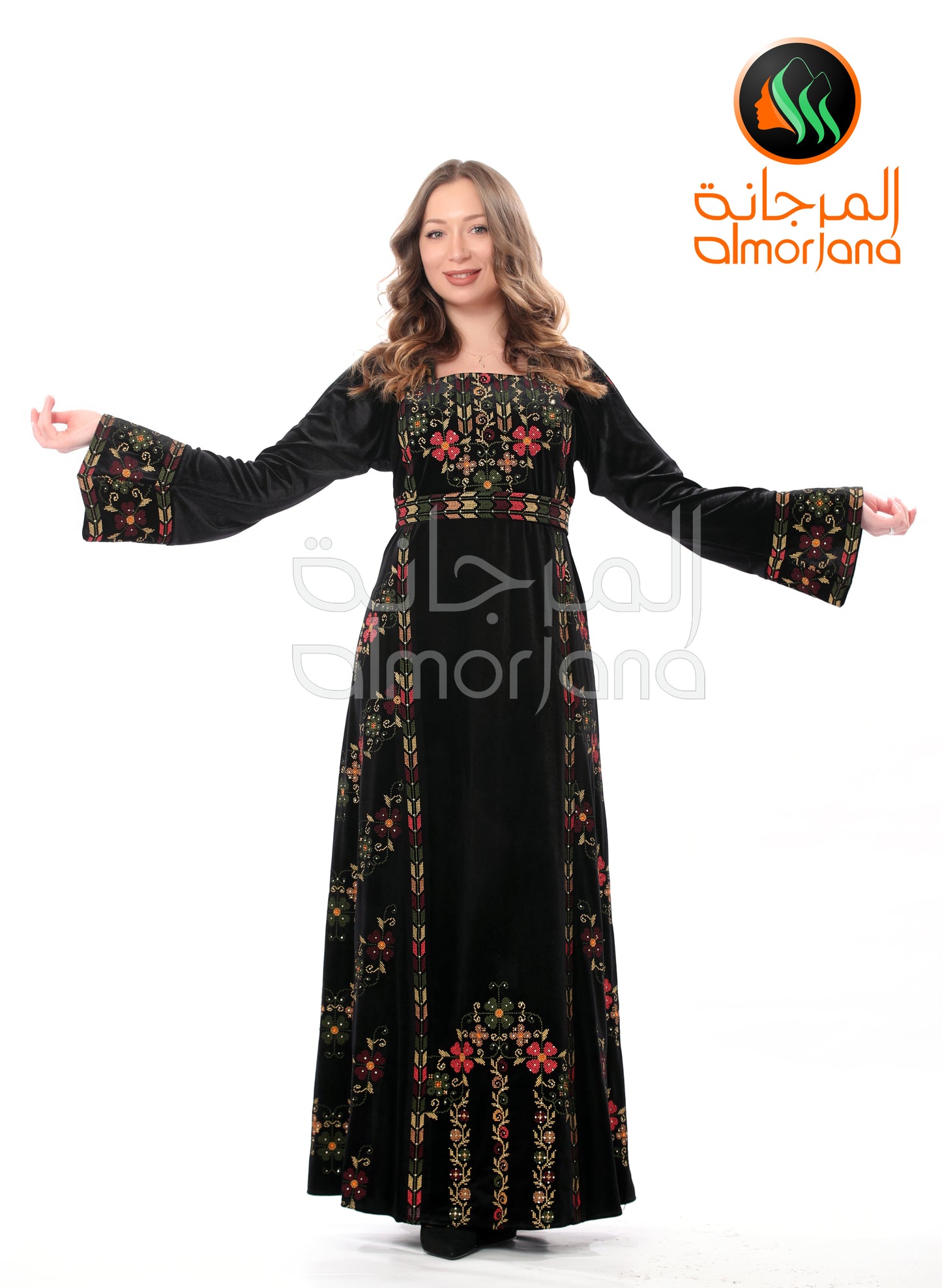 Black VelvetFlowers Palestinian Embroidered Dress Thobe
